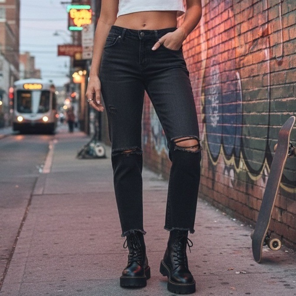 Free People Distressed Black Jeans 29 Raw Hem Womens Indie Sleaze Streetwear